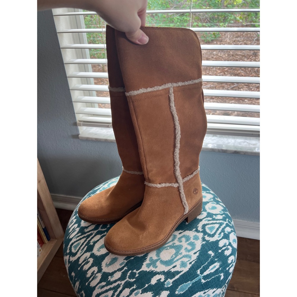 Timberland Suede Boots Tall Knee High Shearling Trim Brown‎ Boots